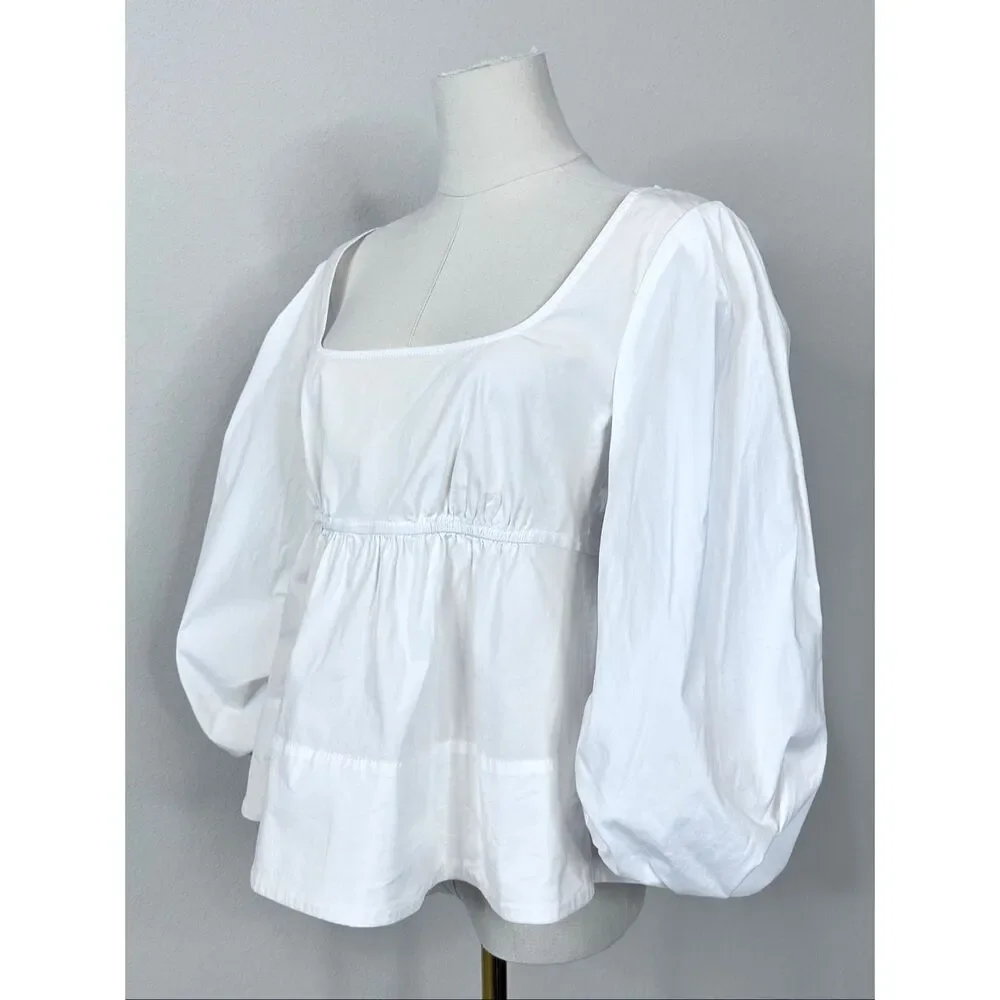 STAUD Sophie Blouse M White Square Neck Babydoll Peplum Puff Sleeve Top